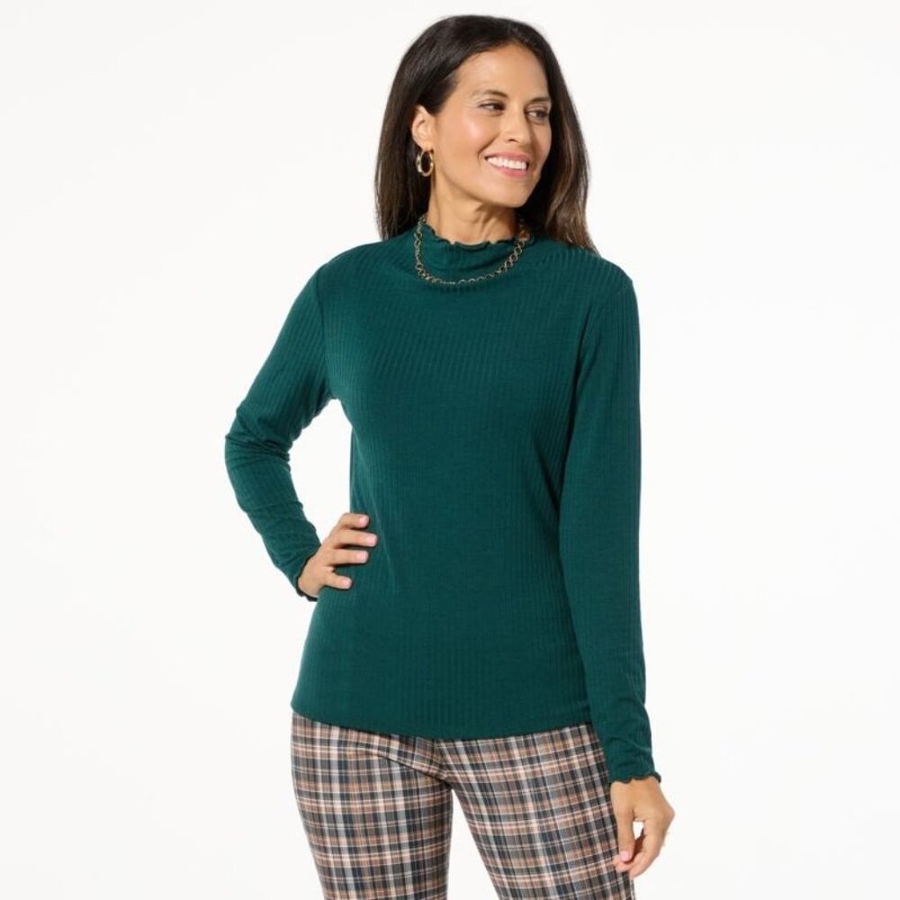 TWRHLL by Christie Brinkley Mock Neck Top Size XL Long Sleeve Ribbed Knit Pine